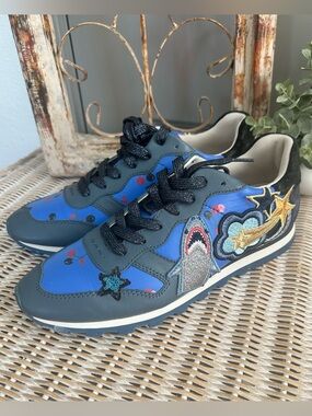Coach C125 Runner Sharky Sneakers Women's Size 9 Blue Appliqué Fashion Trainers